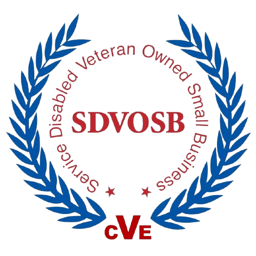 Certified Veteran Owned Small Business logo with blue laurel wreath and red text.