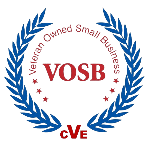 Logo of VOSB with blue laurel wreath and red text.