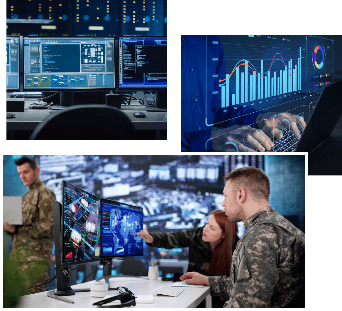Military personnel analyze digital data and graphs in a high-tech command center.
