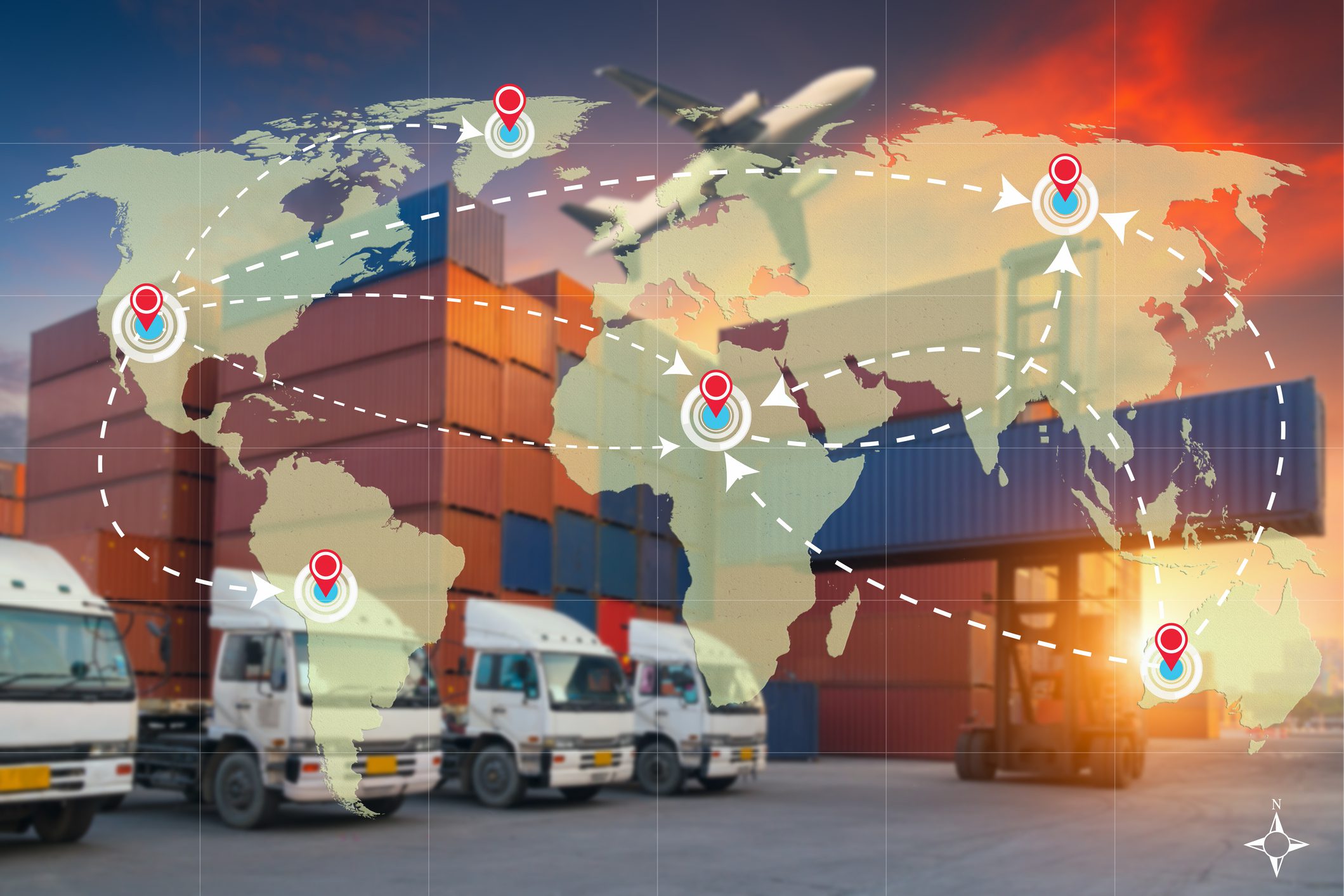 Global logistics network with trucks and containers.