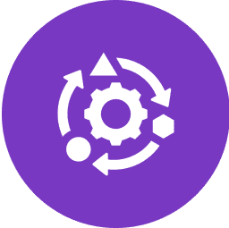 Gear with arrows and shapes, purple background.